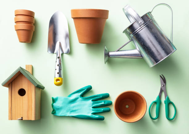 jardinería: equipo de jardinería flat lay still life - birdhouse bird house ornamental garden fotografías e imágenes de stock