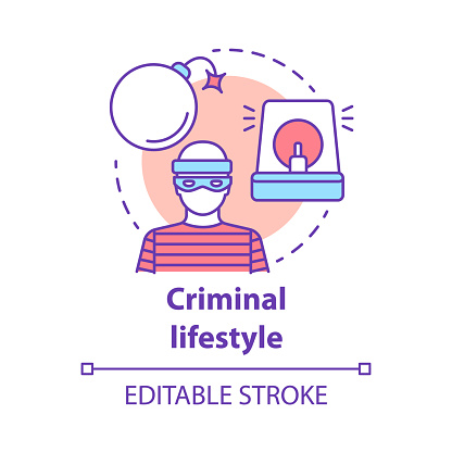 Criminal lifestyle concept icon. Committing crime idea thin line illustration. Terrorist with bomb. Robber, housebreaker. Terrorism attack. Vector isolated outline drawing. Editable stroke