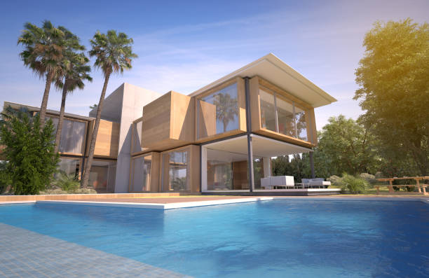 istock Impressive modern villa with pool and exotic garden 1216160077