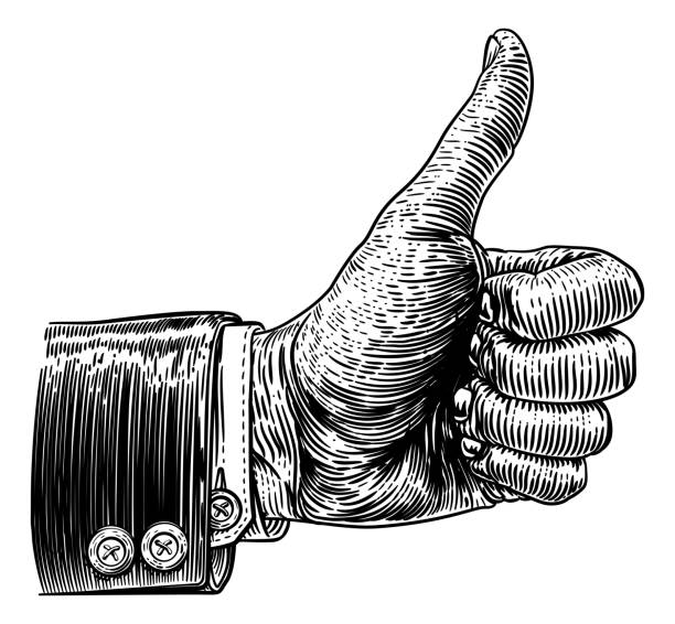 ilustraciones, imágenes clip art, dibujos animados e iconos de stock de thumbs up hand sign retro vintage woodcut - pulgar hacia arriba ilustraciones