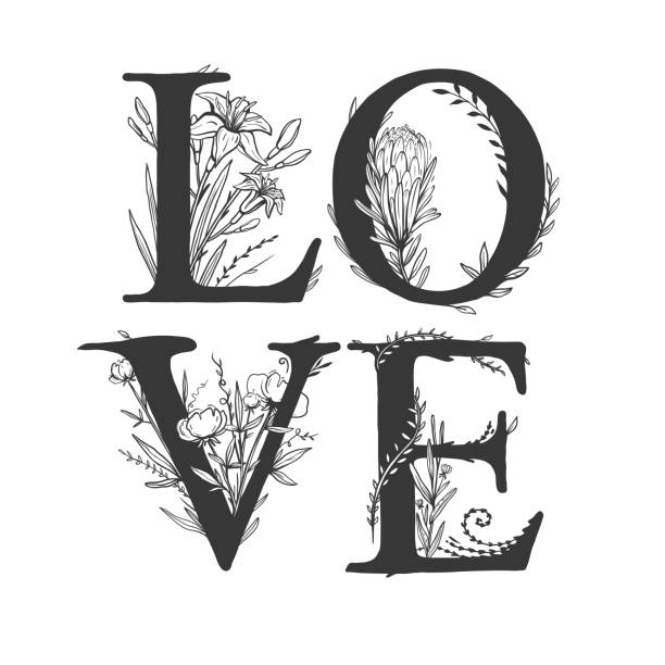 Love lettering. Greeting card for Valentines day with uppercase letters decorated with different flowers. Beautiful vector illustration with floral  lettering. Love lettering. Greeting card for Valentines day with uppercase letters decorated with different flowers. Beautiful vector illustration with floral  lettering. harmonia stock illustrations