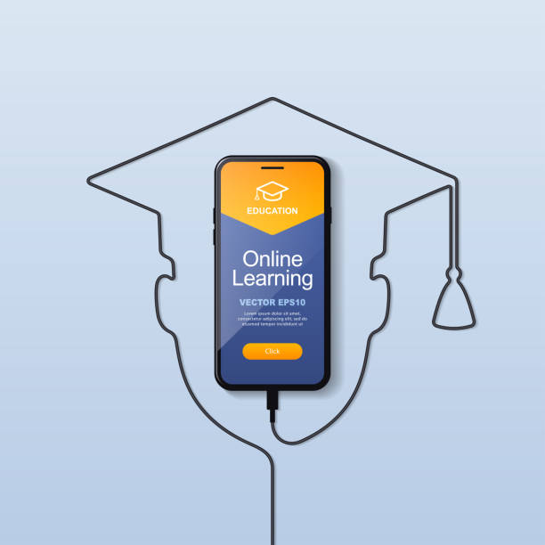 Smartphone education The smartphone is charging via usb wire. The interface of the website or application for online learning for an educational institution. The logo of the square academic cap. Vector eps 10. internet silhouettes stock illustrations