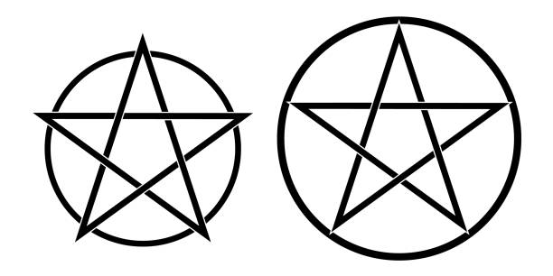 istock Set illustrations of a pentagram, a five-pointed star in a circle. Satanism or astrology sign, isolated on white background - vector 1216168296