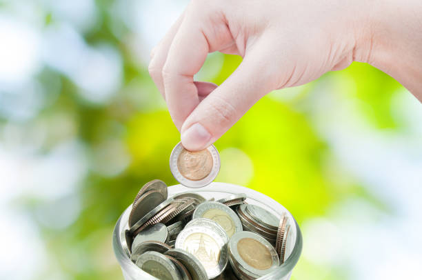 woman hand putting a coin on green nature background,saving woman hand putting a coin on green nature background,saving ,Donation Investment Fund Financial Support Charity  Dividend Market Growth a penny saved stock pictures, royalty-free photos & images