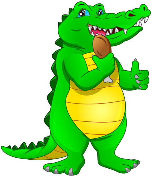 istock cute baby crocodile thumb up and holding chicken thighs 1216169948