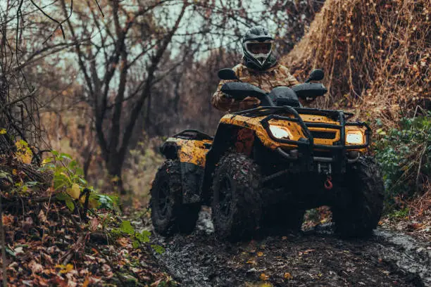 Unrecognizable person driving fix quad on a moody path through the forest