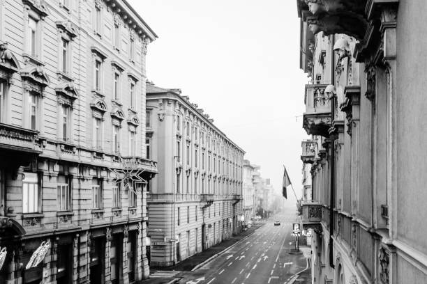 istock Empty street in Bergamo Italy black and white 1216171534