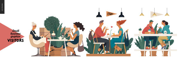 Visitors - small business graphics Visitors -small business graphics. Modern flat vector concept illustrations -set of illustrations showing customers eating inside of cafe, restaurant, bar or pub eating illustrations stock illustrations