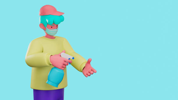 istock 3d illustrate cartoon character using alcohol gel cleansing hand for protect flu and corona virus COVID-19. 1216171922
