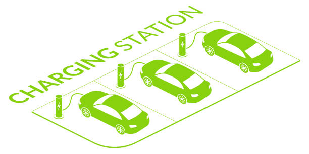 illustrations, cliparts, dessins animés et icônes de concept de charge de voiture électrique. véhicules isométriques verts à la station de recharge. illustration de vecteur. - isometric gas station transportation car