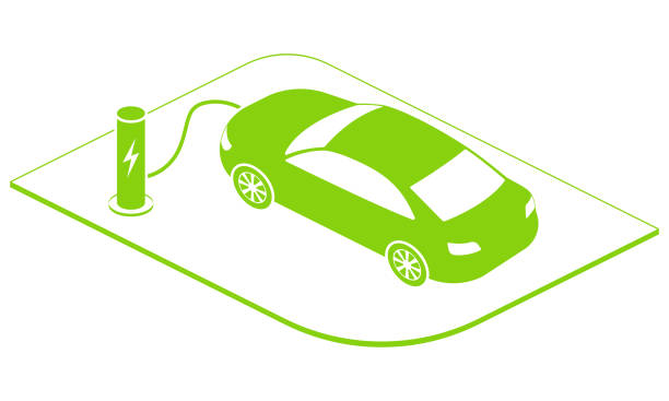 illustrations, cliparts, dessins animés et icônes de concept de charge de voiture électrique. véhicule isométrique vert à la station de chargement. illustration de vecteur. - isometric gas station transportation car