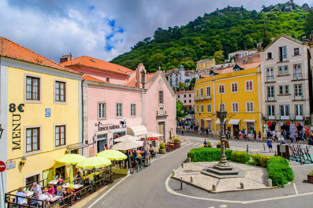 The street view of the town center of Sintra, a town in Lisbon, Portugal stock photo