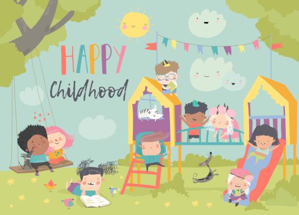 ilustraciones, imágenes clip art, dibujos animados e iconos de stock de niños felices jugando en el playgroung. hola verano - friendship park flower outdoors