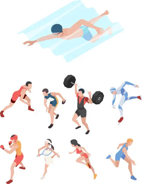 Vector illustration of Sport players. Isometric characters peoples playing olympic games football volleyball ski tennis runners jumpers vector persons