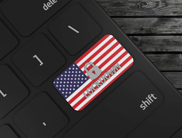 istock Covid 19 lockdown  Keyboard key Usa flag, 3d render illustration 1216176646