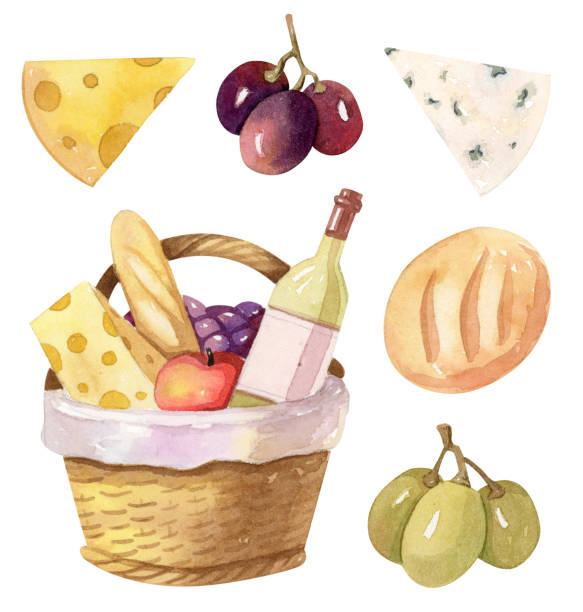 와인, 치즈, 빵을 곁들인 피크닉 바구니 - basket apple wicker fruit stock illustrations