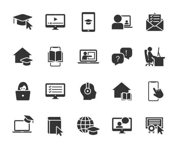 Vector illustration of Vector set of online education flat icons. Contains icons remote learning, video lesson, online course, homework, online test, webinar, audio course and more. Pixel perfect.