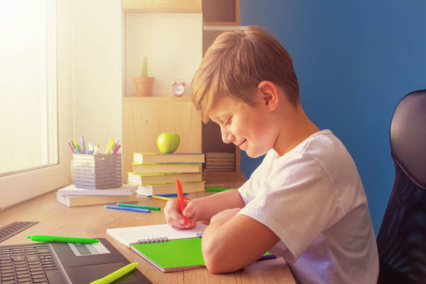 istock Happy boy writing in copy book 1216179137