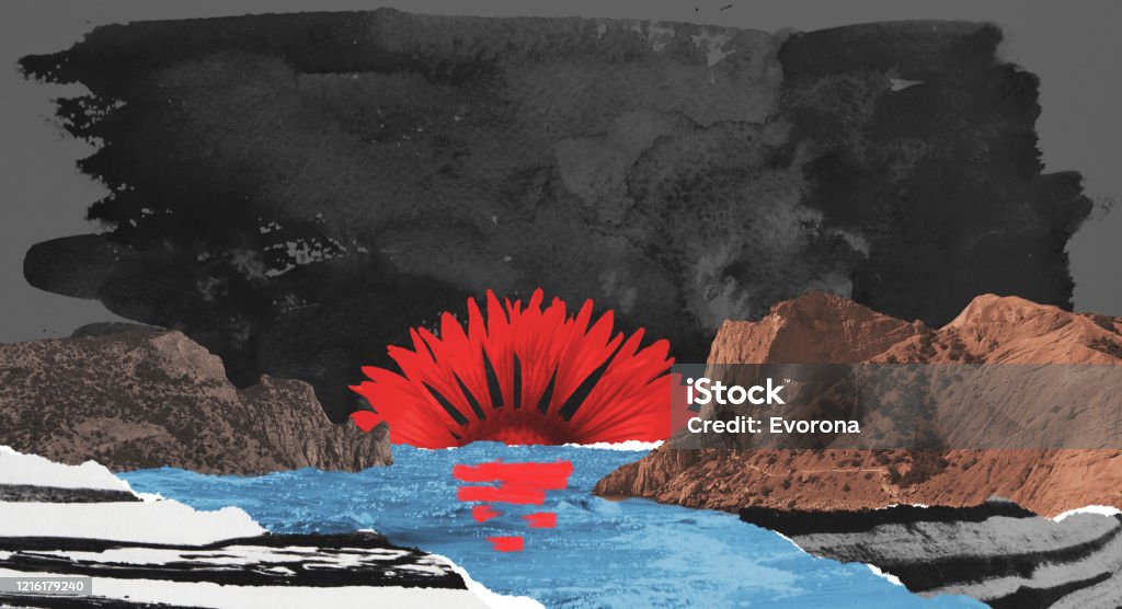 Abstract landscape illustration made of cutout paper Surreal collage composition made of torn pieces of vintage paper. Seascape of fjords on sundown. Dadaism minimal contemporary art. Punk - Person Stock Photo