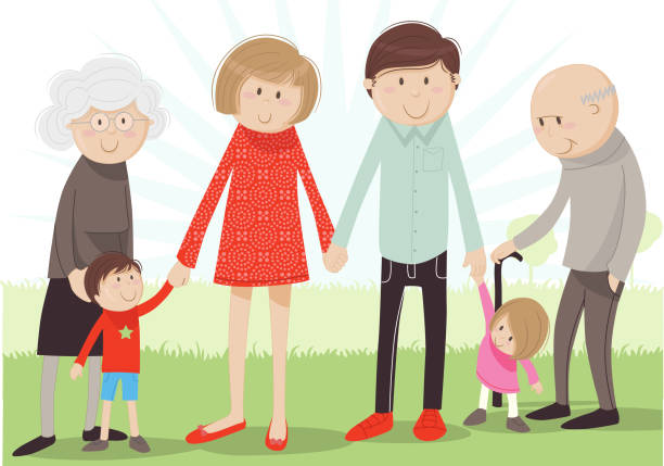 ilustrações de stock, clip art, desenhos animados e ícones de grandparents, parents and kids family - grandparent grandfather humor grandchild