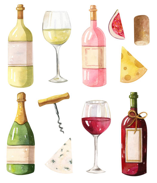 Watercolor illustration - wine bottles. Red, white, rose Watercolor illustration - wine bottles. Red, white, rose with glass. french food stock illustrations