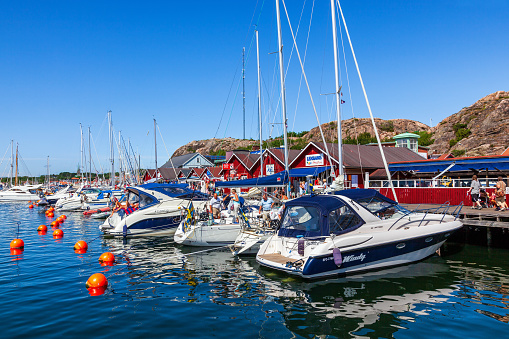 Grebbestad, Sweden - July 14, 2016:  Boats at the jetty in Grebbestad on the Swedish west coast