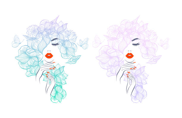 istock Beautiful woman face red lips, hand with red manicure nails. Beauty Logo. Vector illustration, diadem flowers, butterflies, floral motive, abstract wallpaper, spa salon, sign, symbol, nails studio. 1216184610