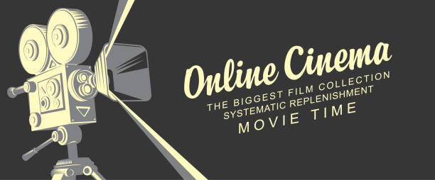 banner for online cinema with old movie projector Online cinema concept poster with old fashioned movie projector. Vector illustration with vintage camera and inscriptions in retro style. Movie time. Suitable for web page, background, advertising camera engraving old retro revival stock illustrations