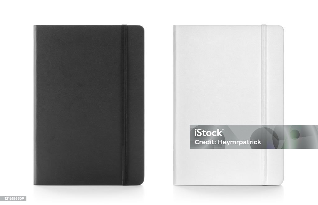 Black & white colour leather fabric hardcover notebook with elastic band. Top view with notebook closed & open. Line sheet. Isolated on white background. For mockup, branding & advertising. Note Pad Stock Photo