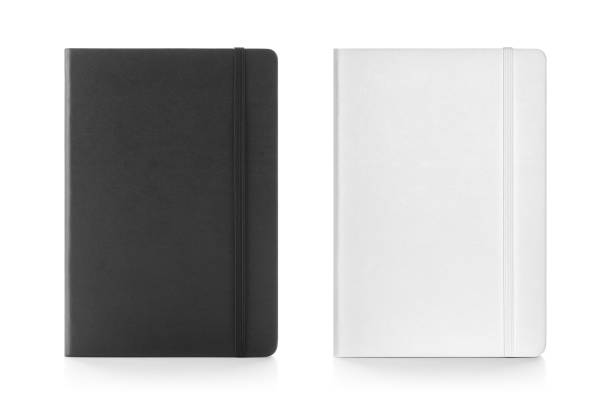 Black & white colour leather fabric hardcover notebook with elastic band. Top view with notebook closed & open. Line sheet. Isolated on white background. For mockup, branding & advertising. moleskin stock pictures, royalty-free photos & images