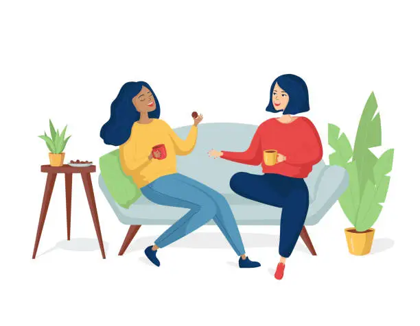 Vector illustration of Two young happy cheerful women are sitting on the couch and laughing. Girlfriends drink tea with cookies. A same-sex family spends time together.Two sisters are talking and smiling.Vector illustration