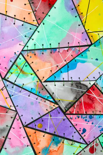 Photo of Stitched Together Abstract Watercolour Art Background Vibrant Triangles