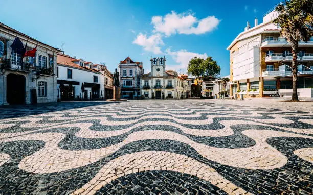 Empty Central square 5th October in Cascais with statue of Dom Pedro I. Cascais is famous and popular summer vacation spot for Portuguese and foreign tourists.