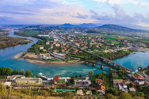 BAHCALLEK, SHKODER, ALBANIA - September, View on Bahcallek city in Shkoder. Bird eye view, albanian nature as background