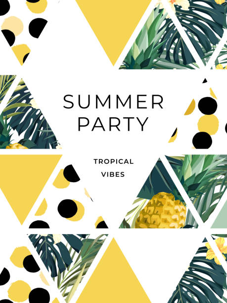 Bright summer hawaiian design with tropical plants, palm leaves and geometric hand darwn textures. Vector template for party flyer, banner, card or invitation. Bright summer hawaiian design with tropical plants, palm leaves and geometric hand darwn textures. Vector template for party flyer, banner or invitation. pineapple beach stock illustrations