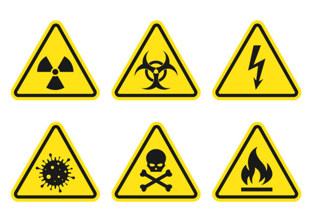 набор предупреждающих знаков - опасность, радиация, биоопасность, смерть, напряжение, пламя, вирус - radioactive stock illustrations