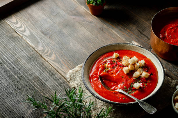 istock Red pepper soup bread crumbs 1216190563