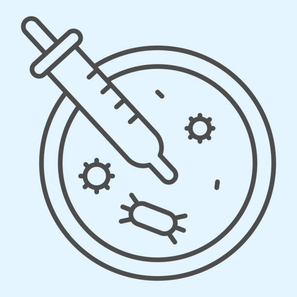 illustrations, cliparts, dessins animés et icônes de plaque d’analyse de virus et icône mince de ligne de pipette. le plat de petri esquisse le pictogramme de modèle sur le fond blanc. recherche bactériologique covid19 vaccin pour le concept mobile et la conception web. graphiques vectoriels. - petri dish medical research bacterium contagion