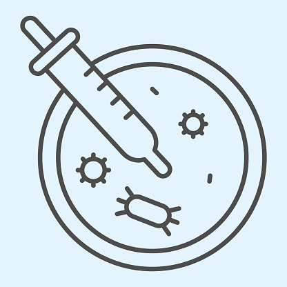 Virus analysis plate and pipette thin line icon. Petri dish outline style pictogram on white background. Bacteriology research Covid19 vaccine for mobile concept and web design. Vector graphics
