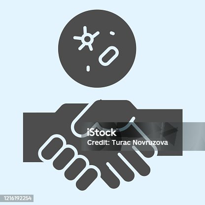 istock Handshake and virus solid icon. 2019-nCoV Covid-19 disease prevention glyph style pictogram on white background. Coronavirus spread by hands for mobile concept and web design. Vector graphics. 1216192254