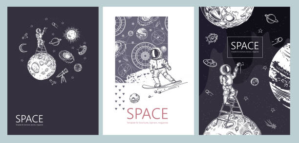 istock Set of space banners. An astronaut stands on a stepladder and draws stars. 1216192426