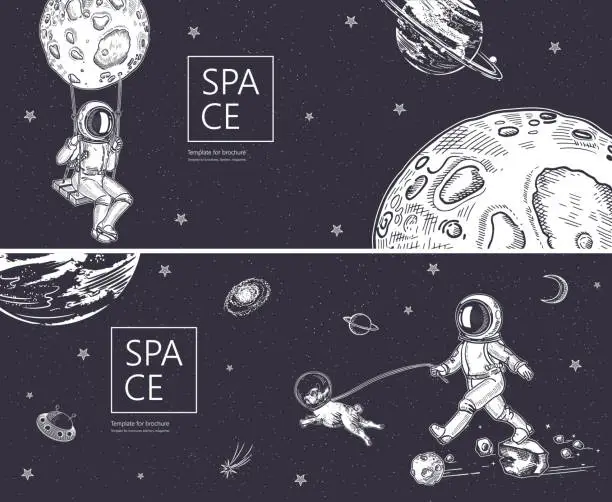 Vector illustration of Set of horizontal space banners.Outline astronaut, planets, satellites, flying saucers.