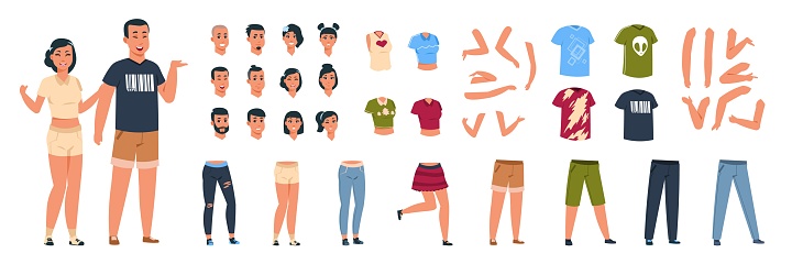 Female and male constructor. Classy character man and woman animation kit with different casual clothes and body parts. Vector illustration girl and boy faces and front poses for animation