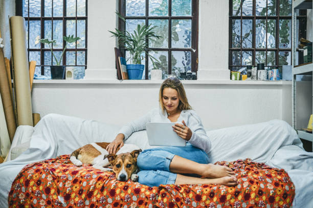 Connected with her furry companion by her side