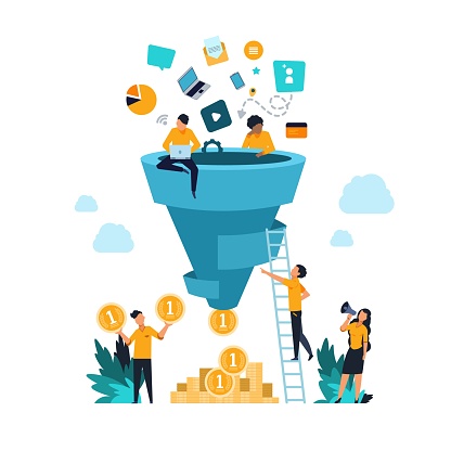 Funnel leads generation. Attracting followers strategy concept with cartoon people and inbound marketing. Vector conversion rate generation flow customer and focus profit
