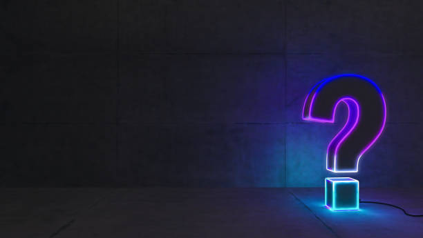 Neon light question mark with concrete wall 3D rendering stock photo