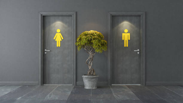 istock black restroom doors with dark wall and yellow sign 3D rendering 1216197440