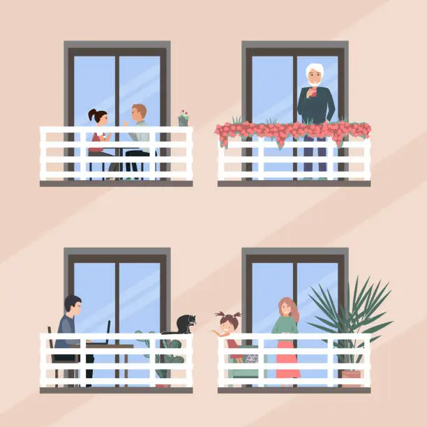 Vector illustration of Windows with happy people doing daily things in their apartments - drinking tea, talking, playing or working. Covid quarantine, stay at home activities. Vector flat illustration.