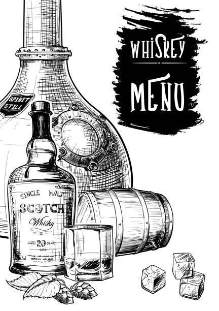 menü für whisky-unternehmen - distillery still stock-grafiken, -clipart, -cartoons und -symbole