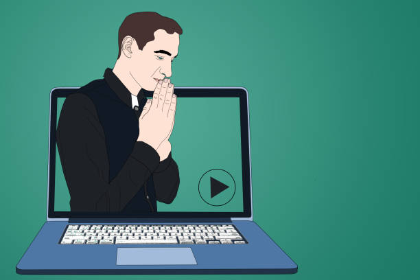 ilustracja, kościół online, pastor modląc się, streaming wideo nabożeństwa kościelnego, worship online. żadnych zgromadzeń publicznych i mas publicznych z powodu wirusa, covid-19. kultu w domu - god office cartoon computer stock illustrations